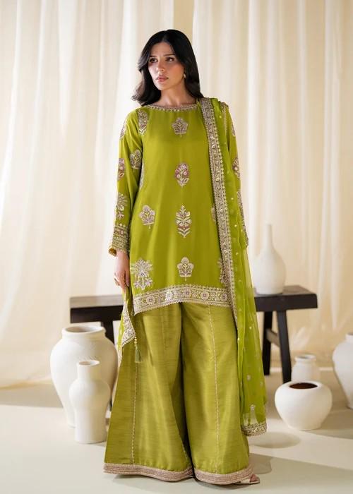 Embroidered Chiffon Kurta Palazzo Suit - Olive Green
