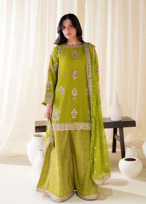 Embroidered Chiffon Kurta Palazzo Suit - Olive Green