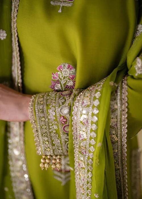 Embroidered Chiffon Kurta Palazzo Suit - Olive Green