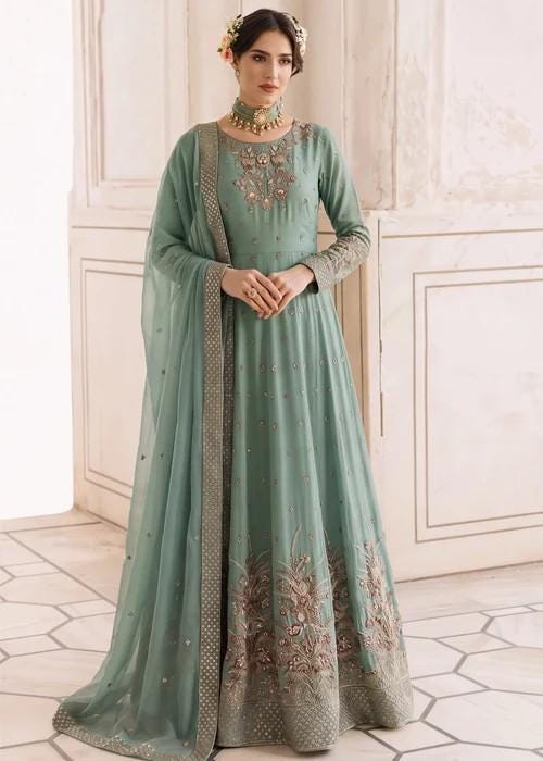 Embroidered Chiffon Maxi Suit - Moss Green - 3 Piece