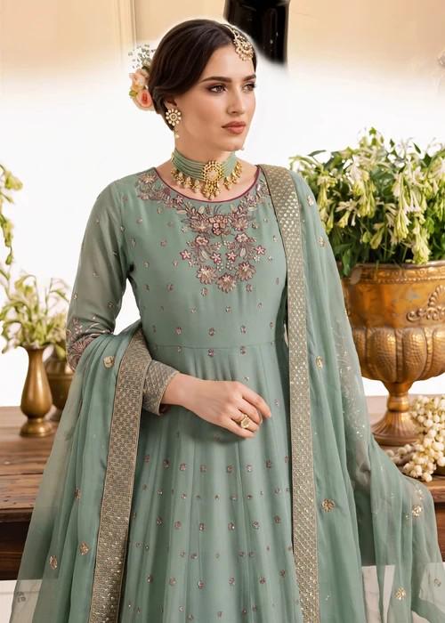 Embroidered Chiffon Maxi Suit - Moss Green - 3 Piece
