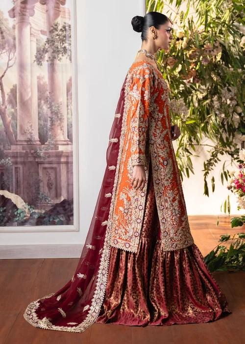 Embroidered Banarsi Silk Gharara Suit - Orange and Maroon - 3 Piece