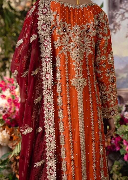 Embroidered Banarsi Silk Gharara Suit - Orange and Maroon - 3 Piece