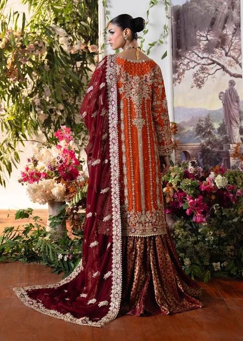 Embroidered Banarsi Silk Gharara Suit - Orange and Maroon - 3 Piece
