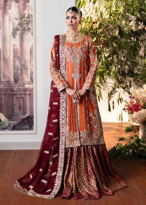 Embroidered Banarsi Silk Gharara Suit - Orange and Maroon - 3 Piece