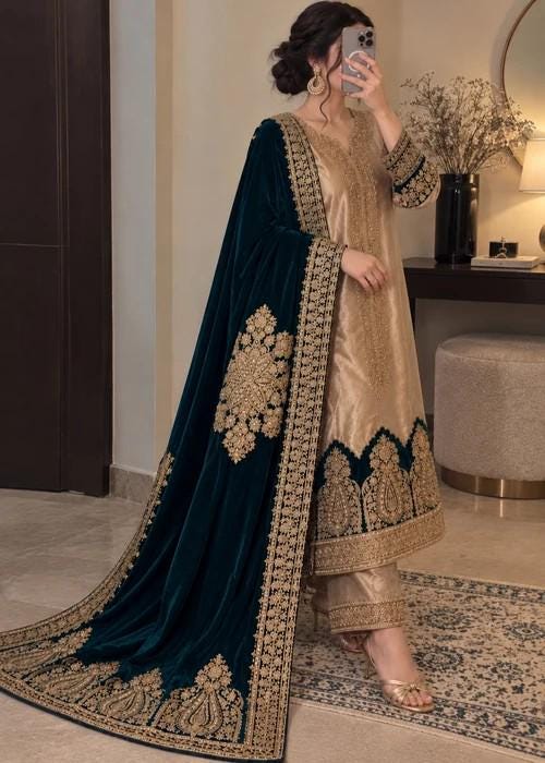 Golden Raw Silk Suit with Embroidered Velvet Dupatta - 3 Piece