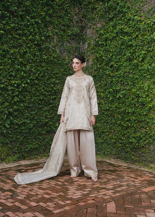Embroidered Charmeuse Silk Farshi Shalwar Suit - Ivory - Gold