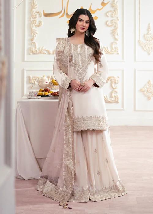 3 Piece Silk / Chiffon Embroidered Sharara Suit - Ivory