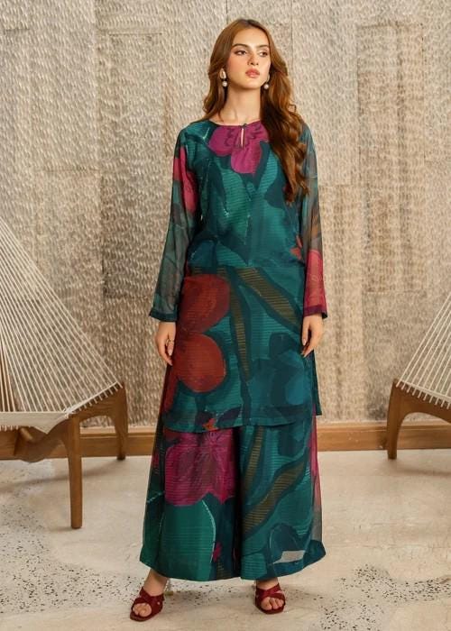 Printed Chiffon Culotte Designer Suit - 2 Piece Teal