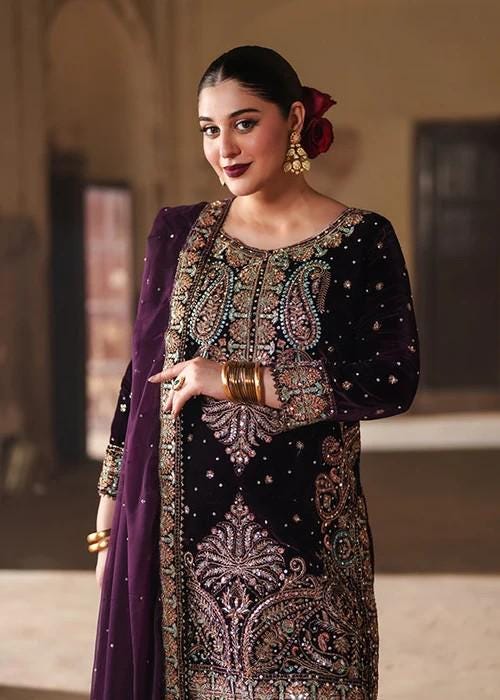 Embroidered Velvet Kurta Set - Deep Purple - 3 Piece