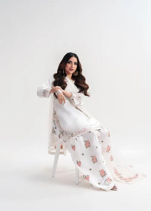 Embroidered Charmeuse Silk Kurta Suit - White