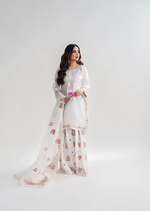 Embroidered Charmeuse Silk Kurta Suit - White