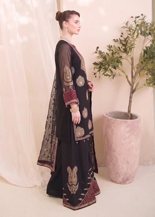 Embroidered Chiffon Kurta Palazzo Suit - Black