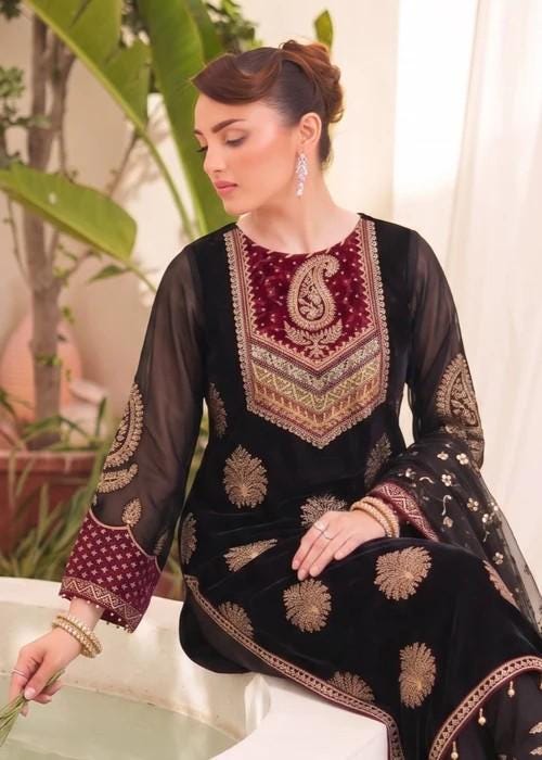 Embroidered Chiffon Kurta Palazzo Suit - Black