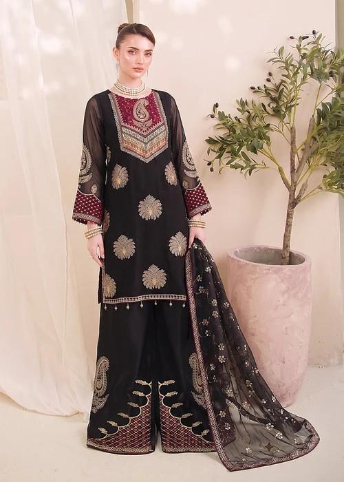 Embroidered Chiffon Kurta Palazzo Suit - Black