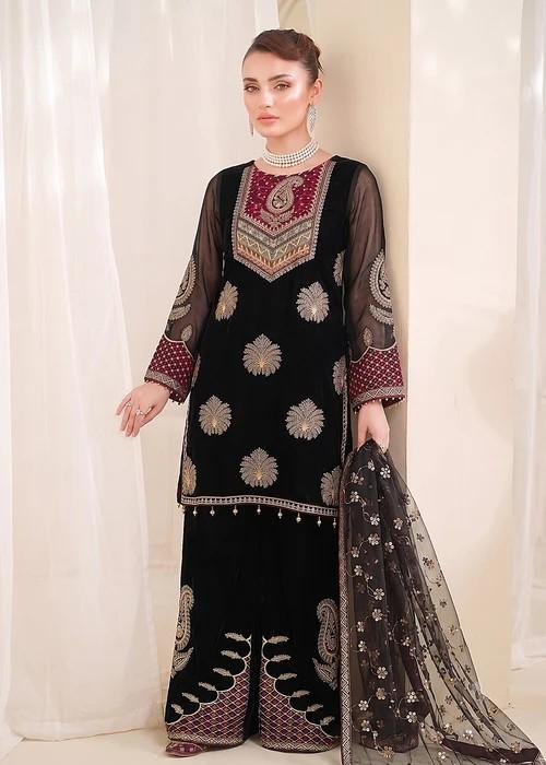 Embroidered Chiffon Kurta Palazzo Suit - Black