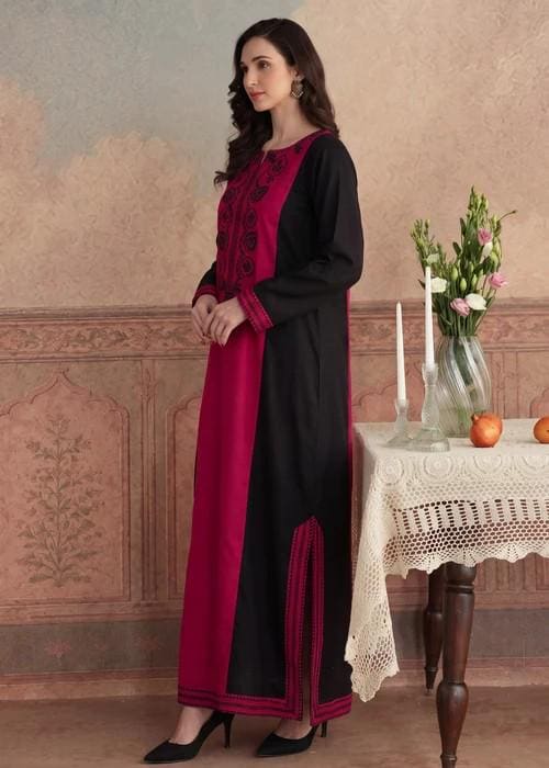 Embroidered Khaddar Kaftan Full Sleeves - Maroon & Black