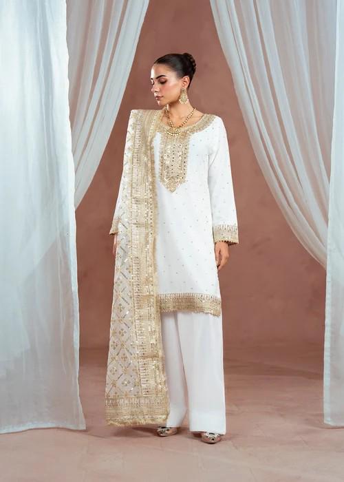 Golden Embroidered Chiffon Suit - White & Gold - 3 Piece