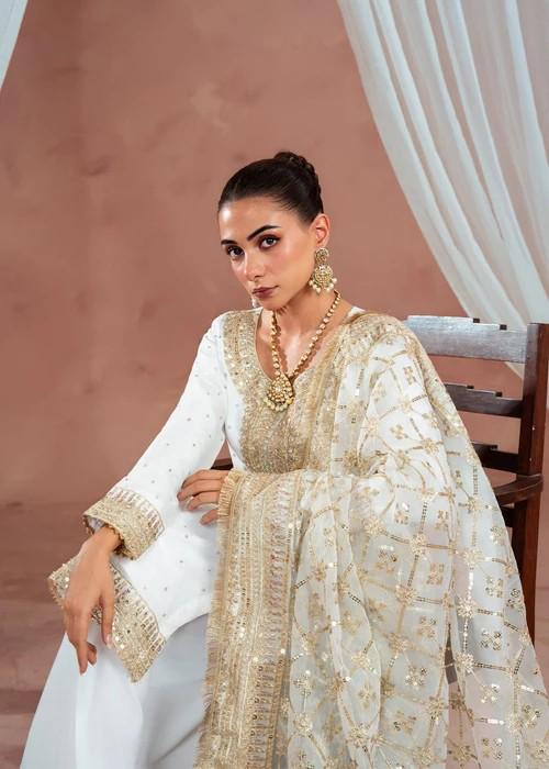 Golden Embroidered Chiffon Suit - White & Gold - 3 Piece