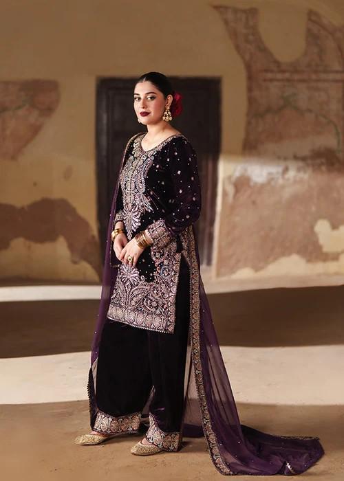 Embroidered Velvet Kurta Set - Deep Purple - 3 Piece