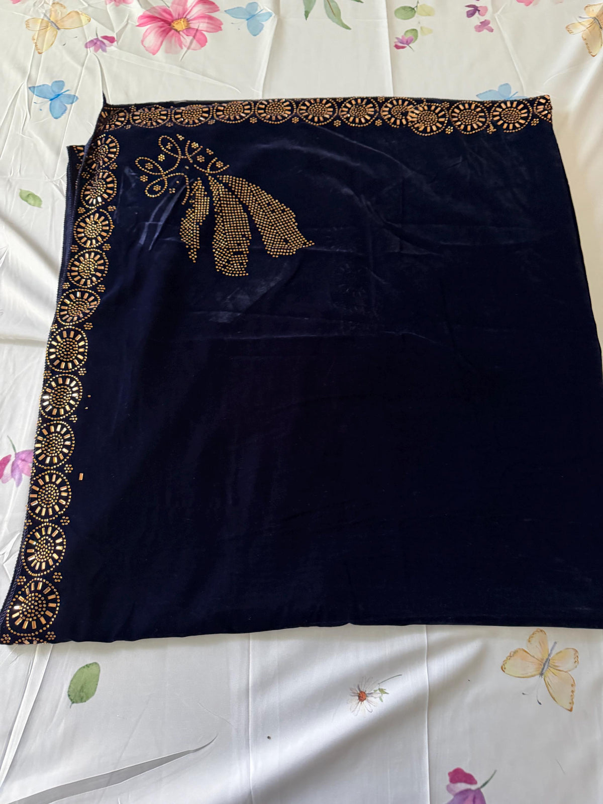 Embellished  Velvet Shawl / Dupatta - Dark Blue