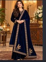 Embellished  Velvet Shawl / Dupatta - Dark Blue