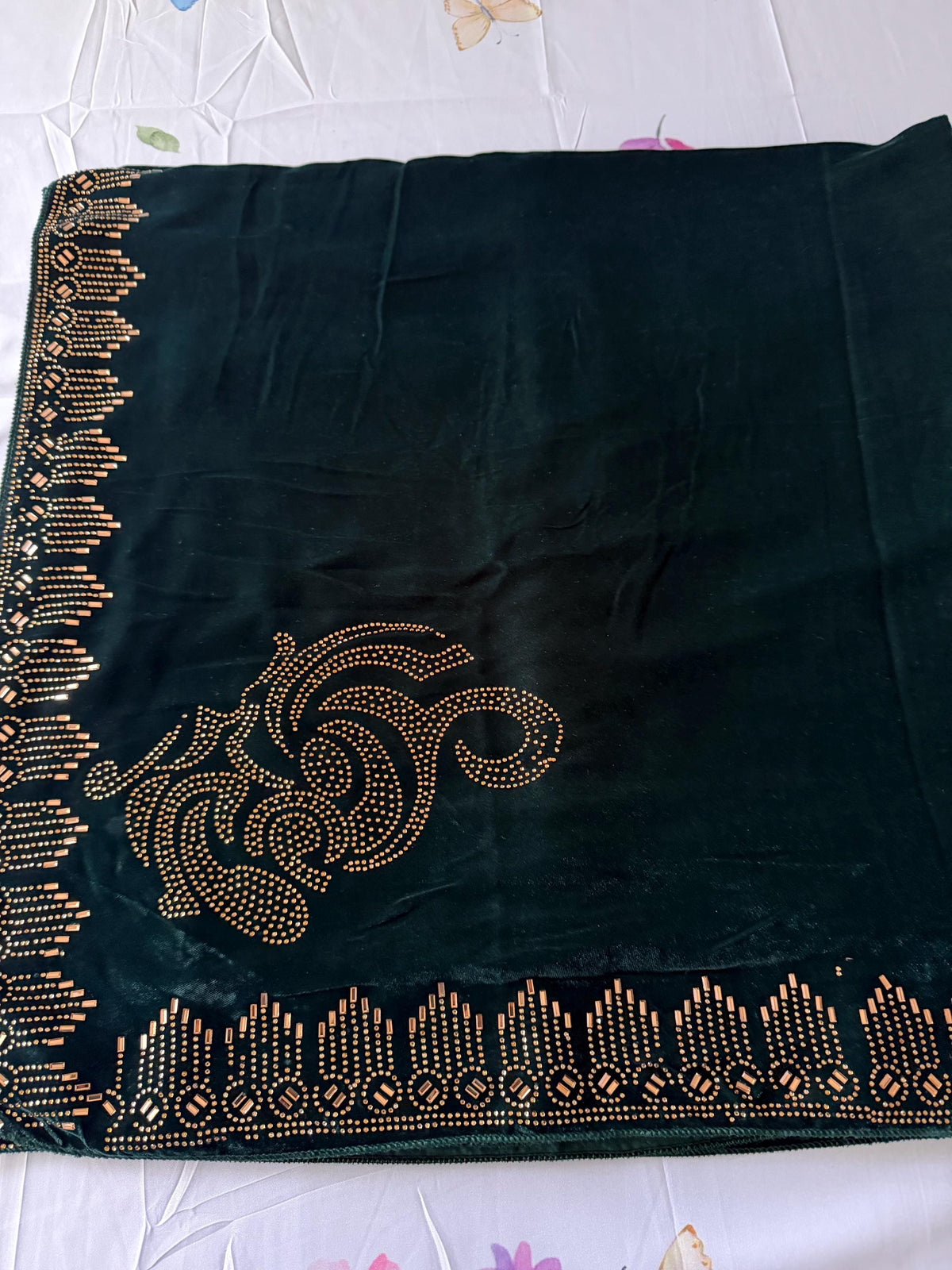 Embellished  Velvet Shawl / Dupatta - Dark Green