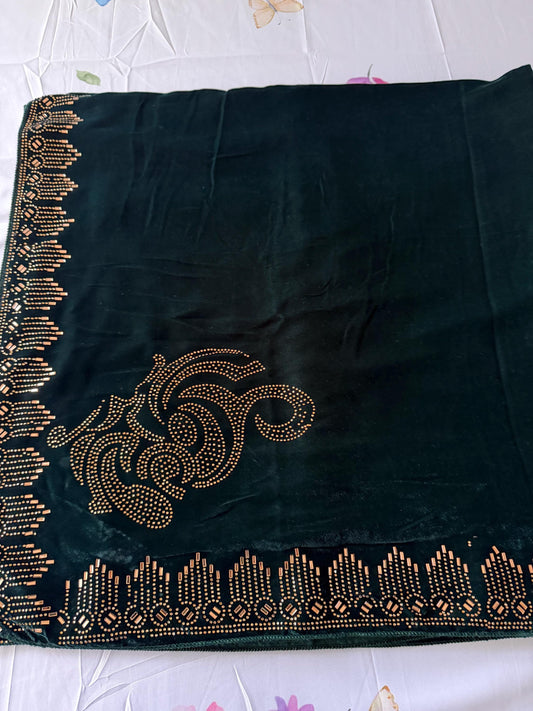 Embellished  Velvet Shawl / Dupatta - Dark Green