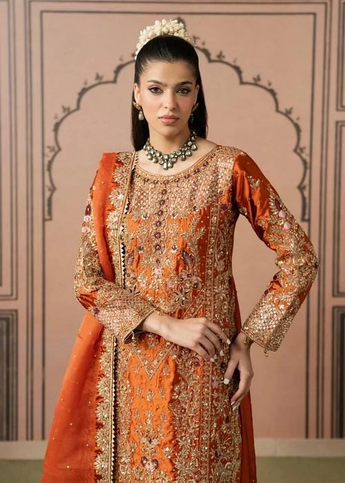 Embroidered Charmeuse Silk Suit - Burnt Orange - 3 Piece
