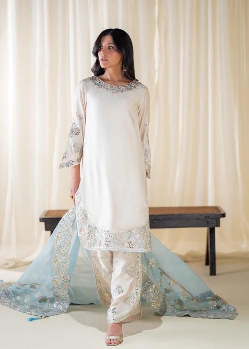 Embroidered Charmeuse Silk Suit - 3 Piece - Ivory