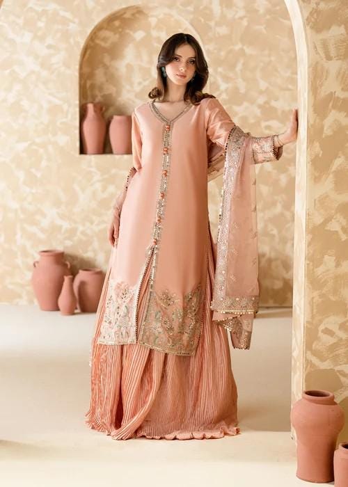 Embroidered Charmeuse Silk Sharara Suit - Pink