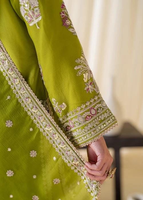 Embroidered Chiffon Kurta Palazzo Suit - Olive Green