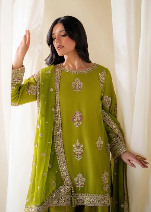 Embroidered Chiffon Kurta Palazzo Suit - Olive Green