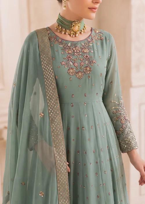 Embroidered Chiffon Maxi Suit - Moss Green - 3 Piece