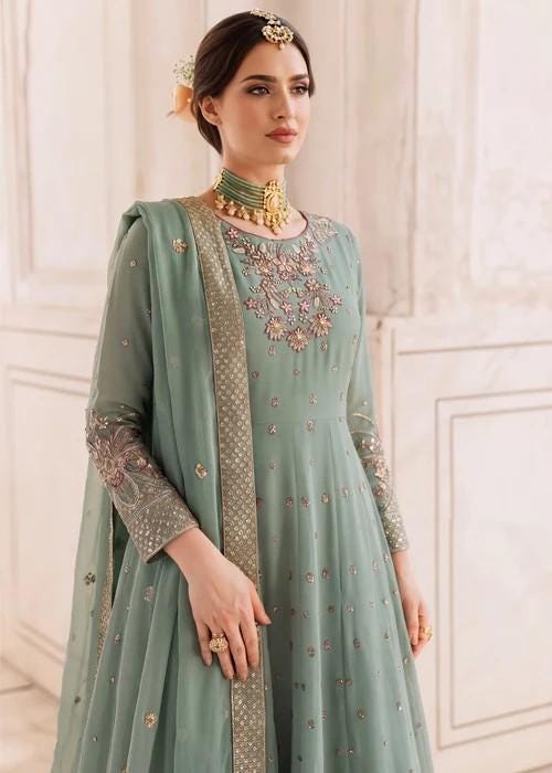 Embroidered Chiffon Maxi Suit - Moss Green - 3 Piece