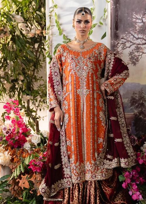 Embroidered Banarsi Silk Gharara Suit - Orange and Maroon - 3 Piece