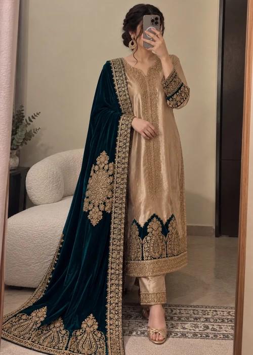 Golden Raw Silk Suit with Embroidered Velvet Dupatta - 3 Piece