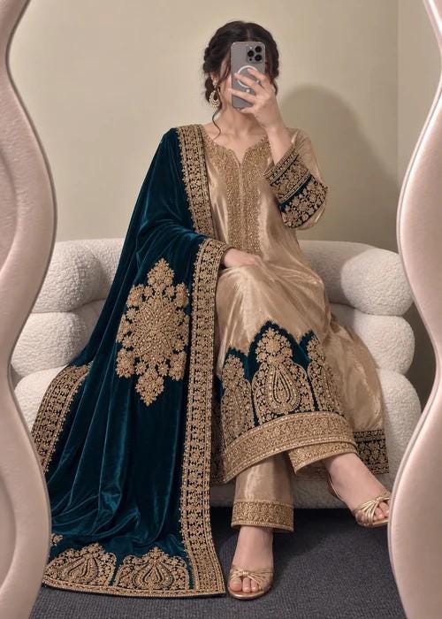 Golden Raw Silk Suit with Embroidered Velvet Dupatta - 3 Piece