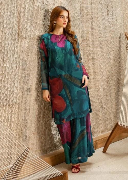 Printed Chiffon Culotte Designer Suit - 2 Piece Teal