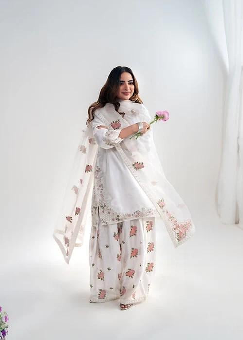 Embroidered Charmeuse Silk Kurta Suit - White
