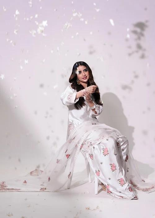 Embroidered Charmeuse Silk Kurta Suit - White