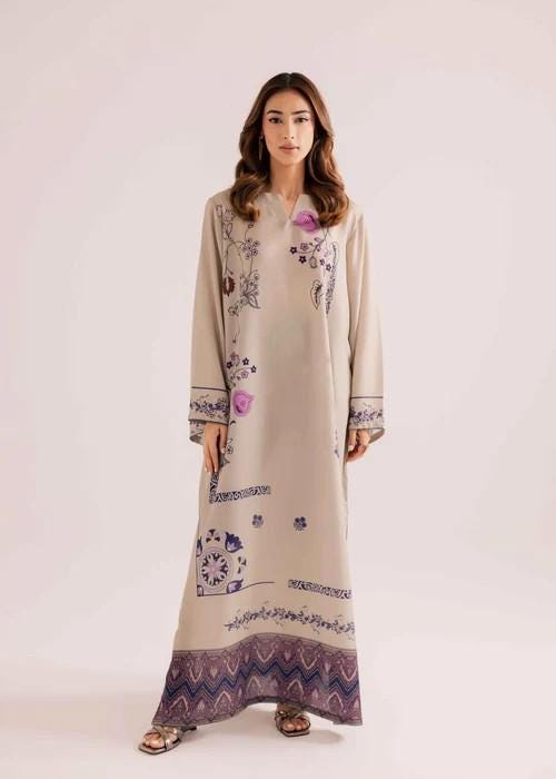 Printed Full Sleeves Silk Kaftan - Beige