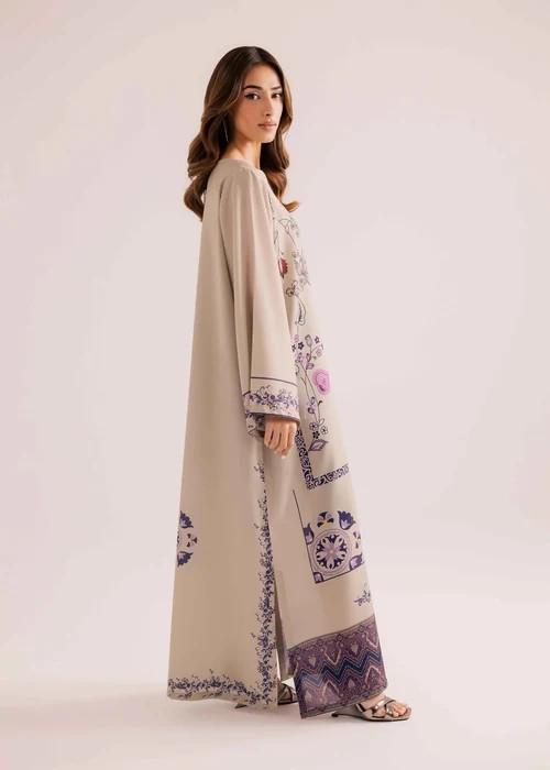 Printed Full Sleeves Silk Kaftan - Beige