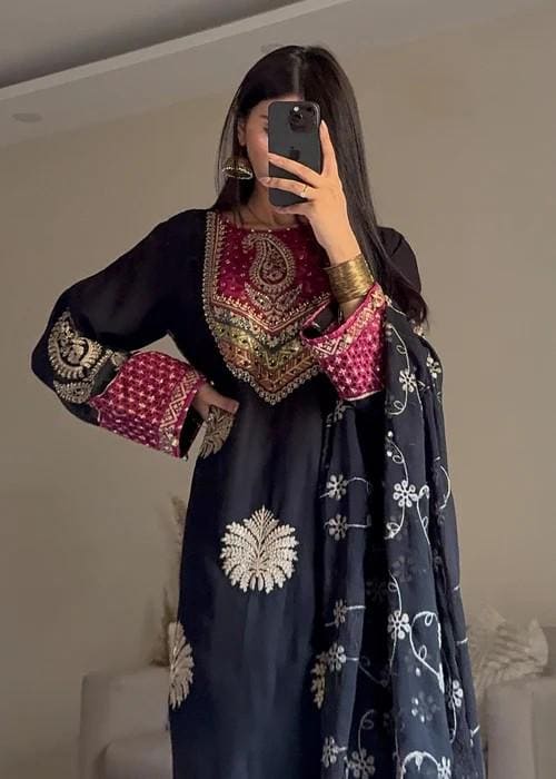 Embroidered Chiffon Kurta Palazzo Suit - Black